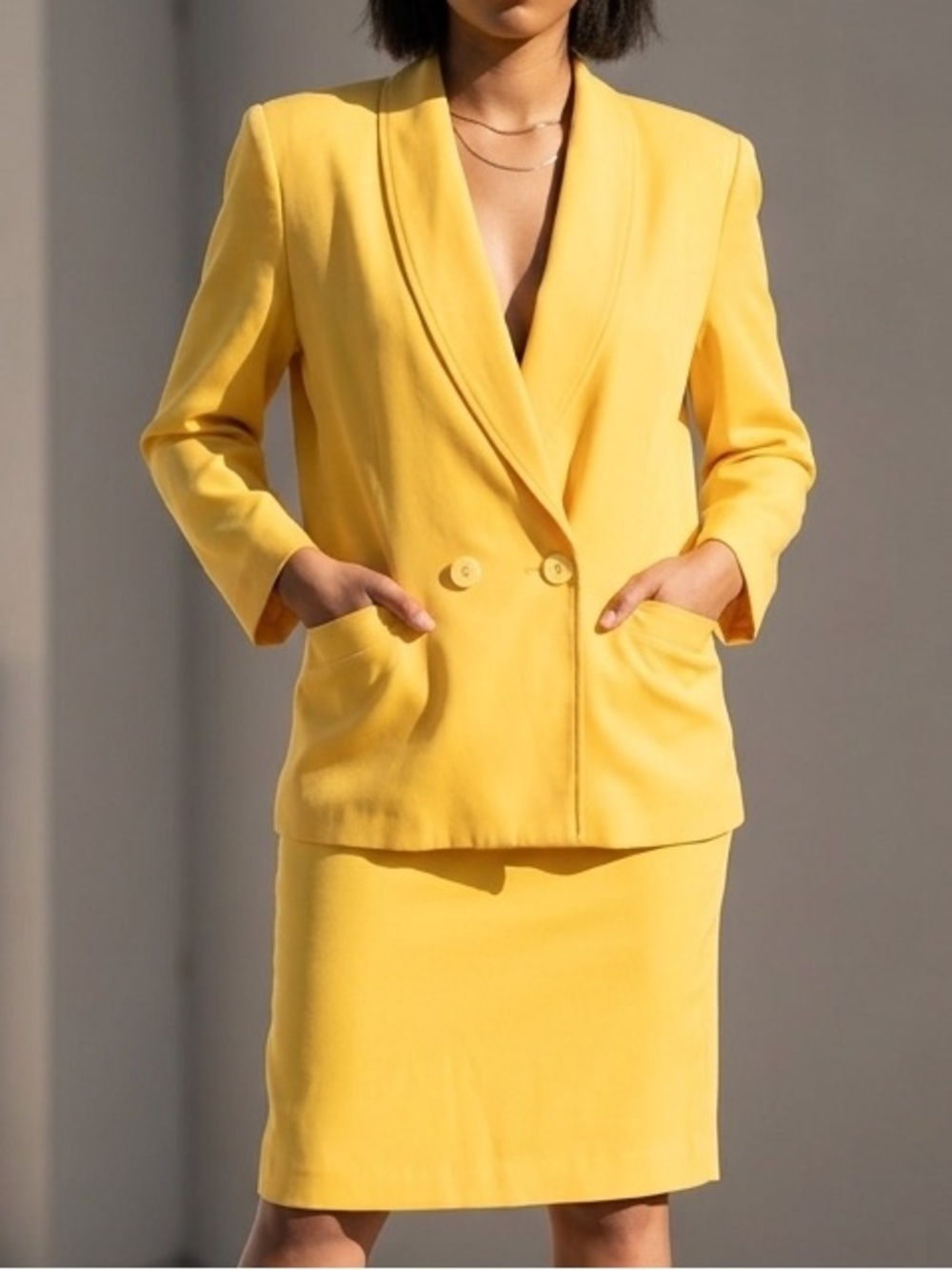 Vintage 1980s Yellow Power Suit Set Bright Blazer & Midi Skirt Medium Bold